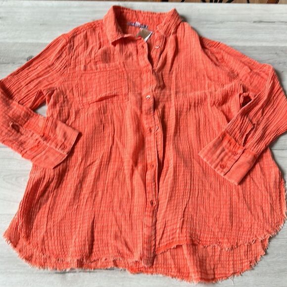 Urban Outfitters Lucy Textured Button-Down Shirt Lg Tangerine NWT - Picture 5 of 6